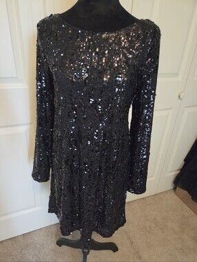 Cable & Guage Black Sequin Long-Sleeve Party Dress TIE BACK SIZE Medium
